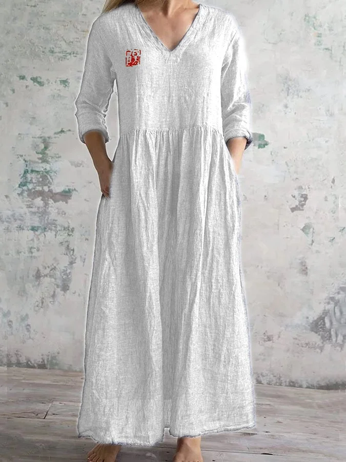 Women's Elegant Sleeve and Geo Print V-Neck Dress