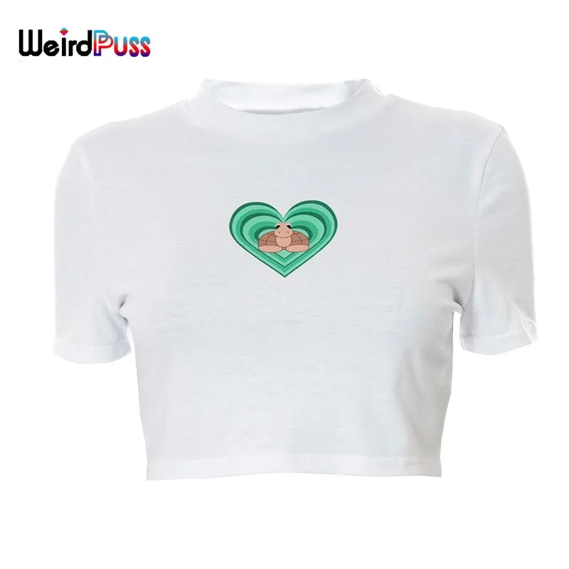 Weird Puss Y2K Graphic Print T-Shirts Women Skinny Summer Navel Short Sleeve Crop Top Stretchy Streetwear Fashion Casual Tees