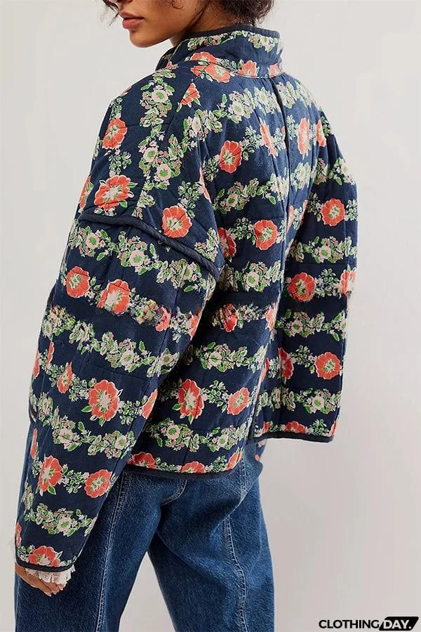 Floral Print Pocket Contrast Concealed Button Cotton Coat