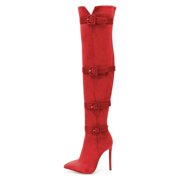 Red Pointed Toe Buckled High Heel Boots for Women |FSJ Shoes