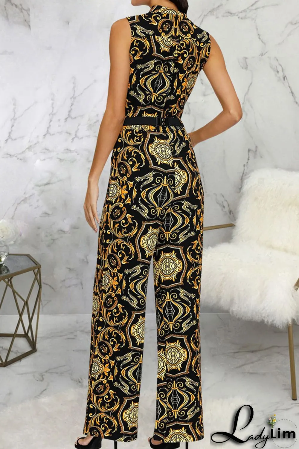 Black Yellow Casual Print Patchwork Buckle Mandarin Collar Straight Jumpsuits