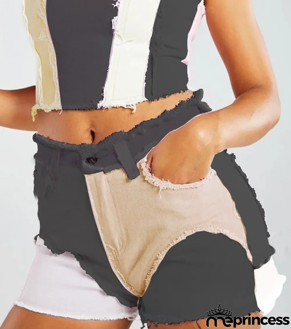 Summer Tie Dye Zip Up Contrast Tassel Denim Shorts