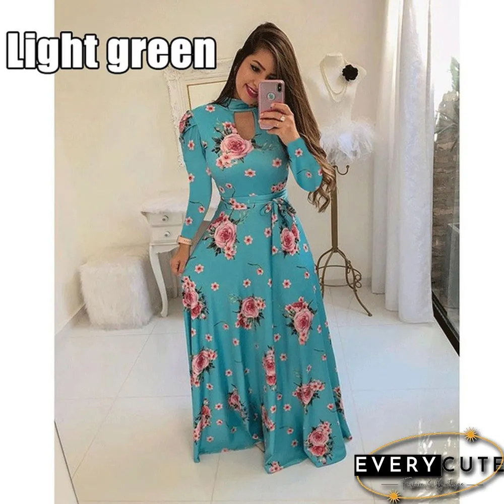 Women Fashion Long Sleeve Dress Maxi Dresses High Waist Flower Dress Party Dress