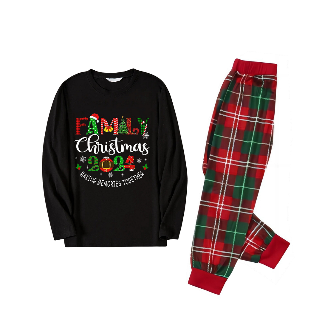 "Family Christmas 2024 Making Memories Together" Cute Text Printed Red and Green Plaid Christmas Family Matching Pajamas