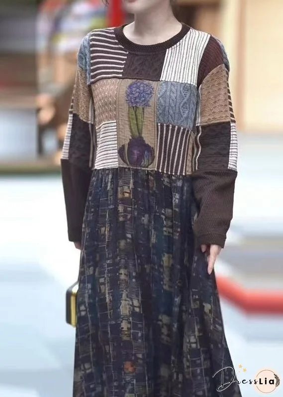 New Coffee Pockets Knit Patchwork Long Dresses Winter