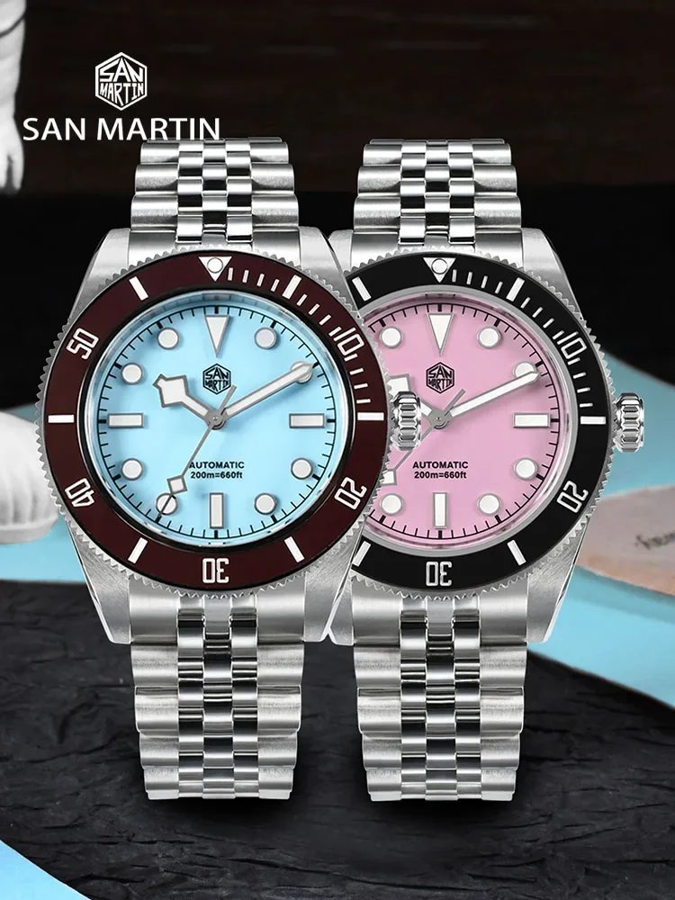 San Martin 40mm Pink BB Diver Watch Classic Mens Watches SN0128