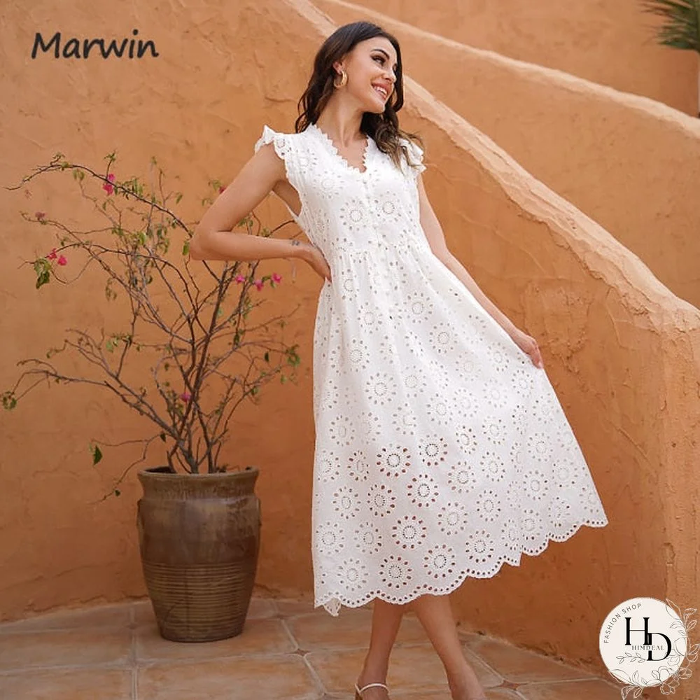 Marwin Long Simple Casual Solid Hollow Out Pure Cotton Holiday Style High Waist Fashion Mid-Calf Summer Dresses New Vestidos