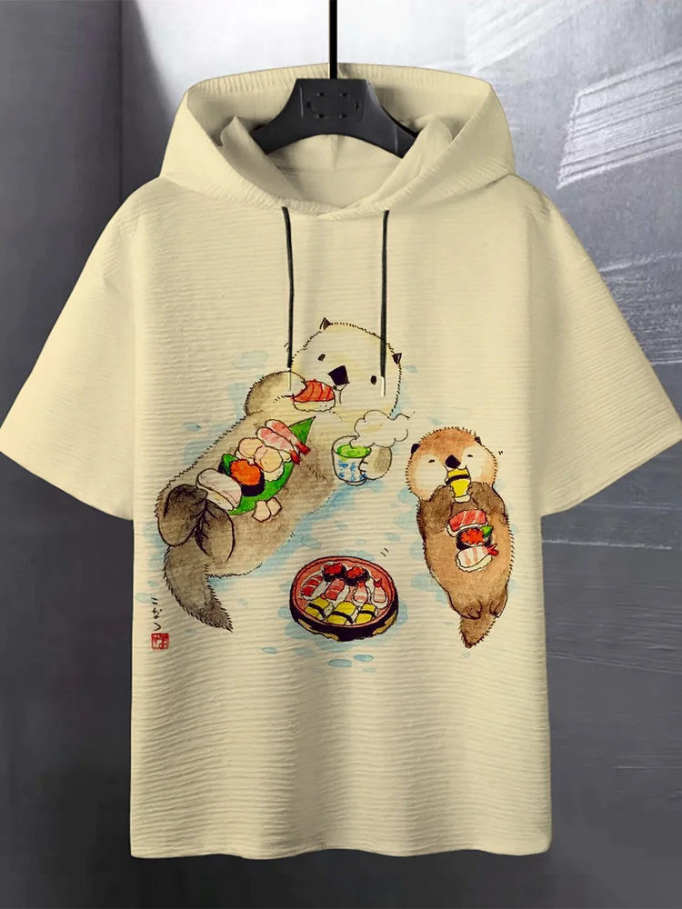 Men's Japanese Art Cute Otter Eating Sushi Print Hooded T-Shirt