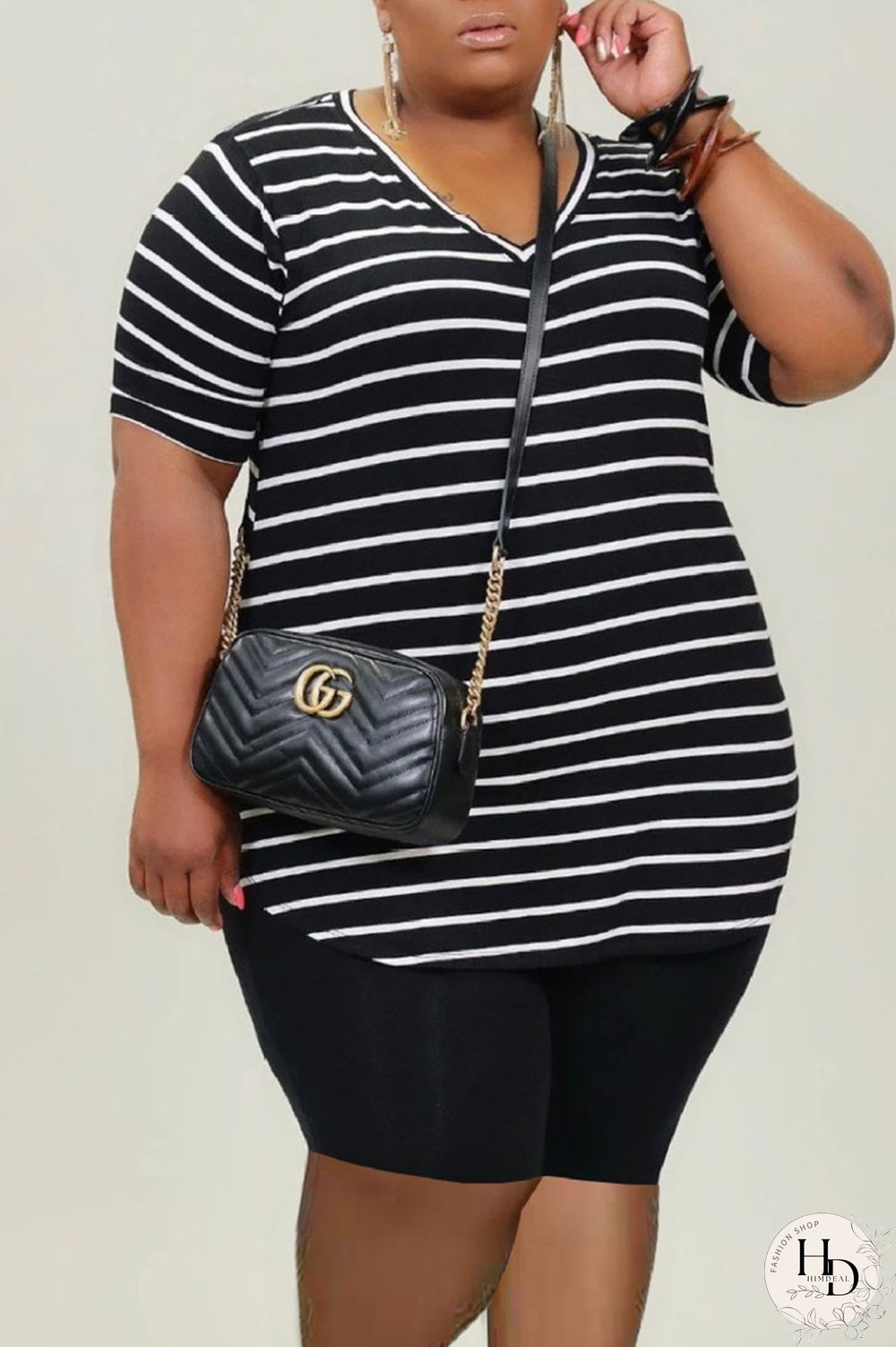 White Casual Striped Print Split Joint V Neck Plus Size Two Pieces