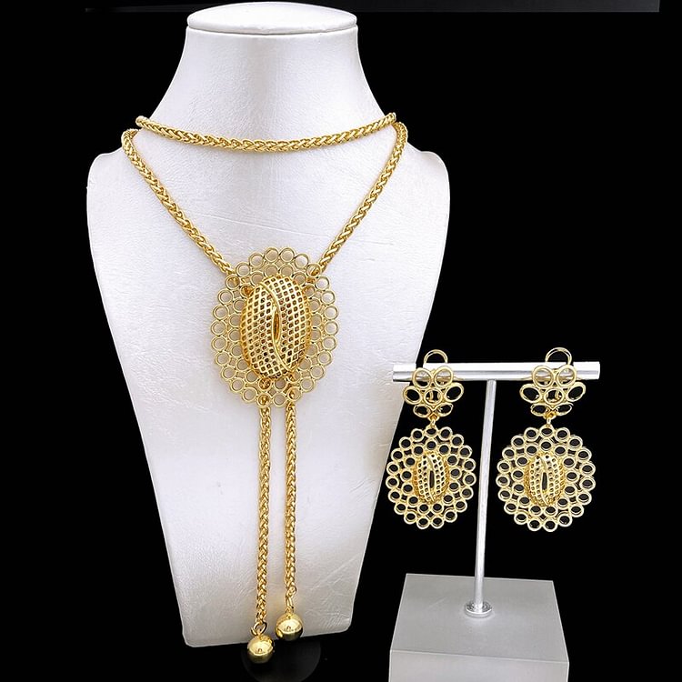 Gold Color Necklace Earring Sets For Women Long Chain Necklace