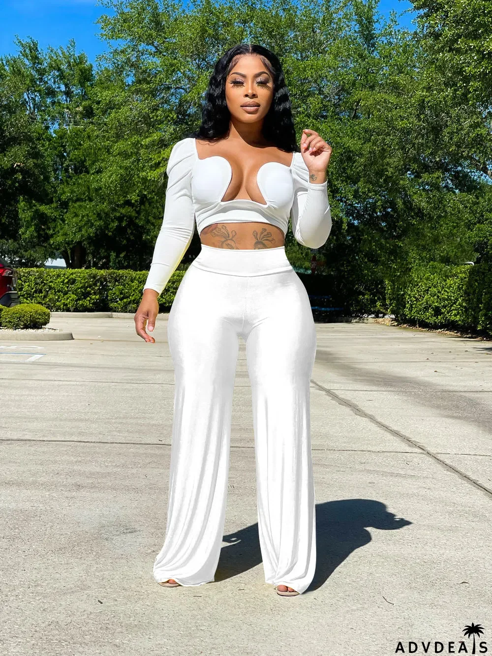 Solid Mid-Waist Wide Leg Pants