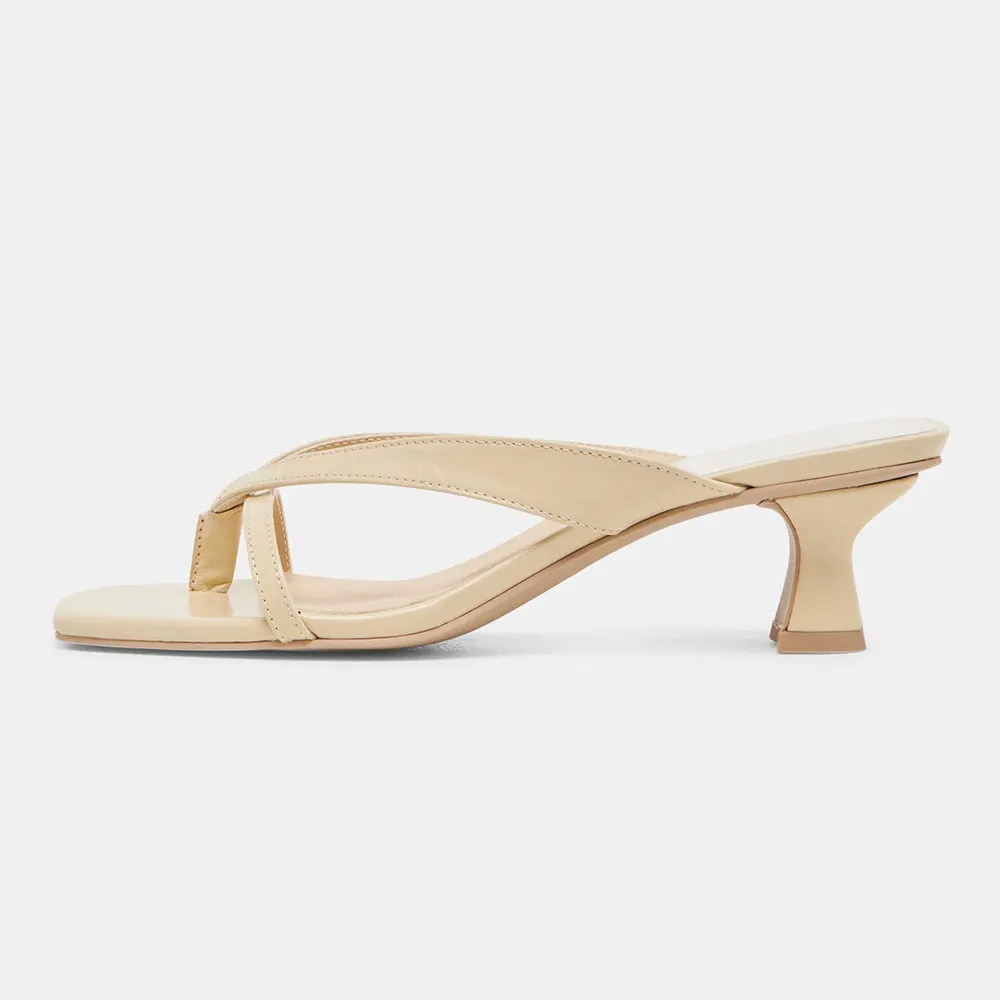 Simple Beige Open Square Toe Spool Heel Flip Flops for Women