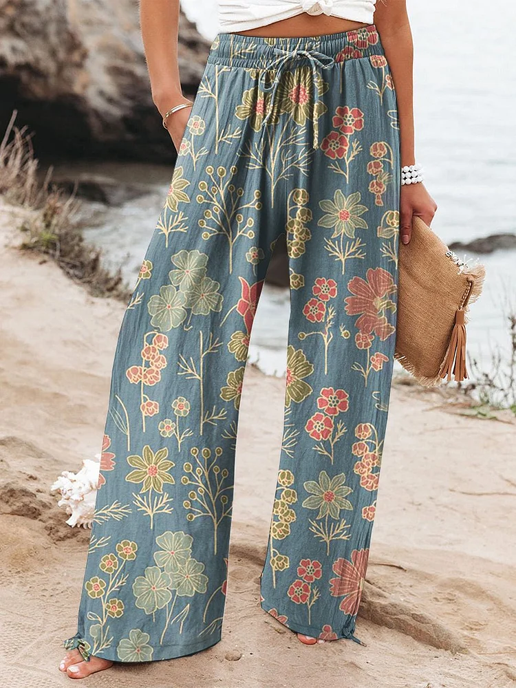 Womens  Flower  Art Printed Cotton And Linen Casual Pants