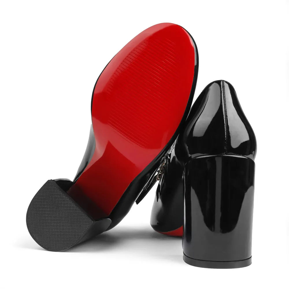 85mm Chunky Low Block Heels Mary Jane Closed Toe Work Pumps Comfortable Round Toe Dress Wedding Red Bottom Shoes-vocosishoes