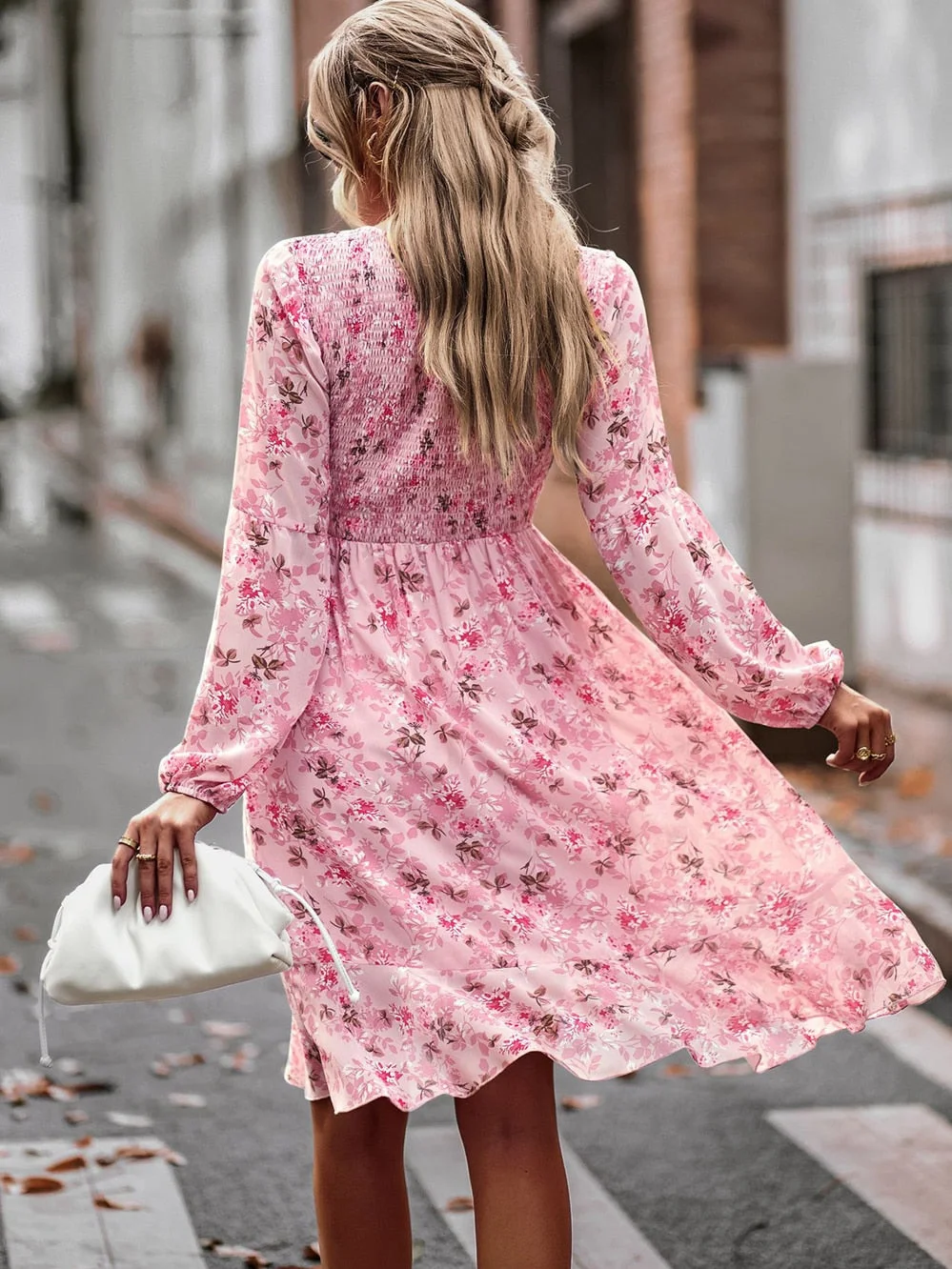 Huiketi New Women O Neck Long Sleeve High Waist Slim Floral Dress For Ladeis Spring Autumn Casual Loose Printed Dresses