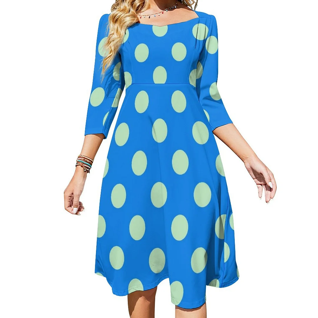 Modern Blue And Lime Polka Dots Pattern Dress Sweetheart Tie Back Flared 3/4 Sleeve Midi Dresses