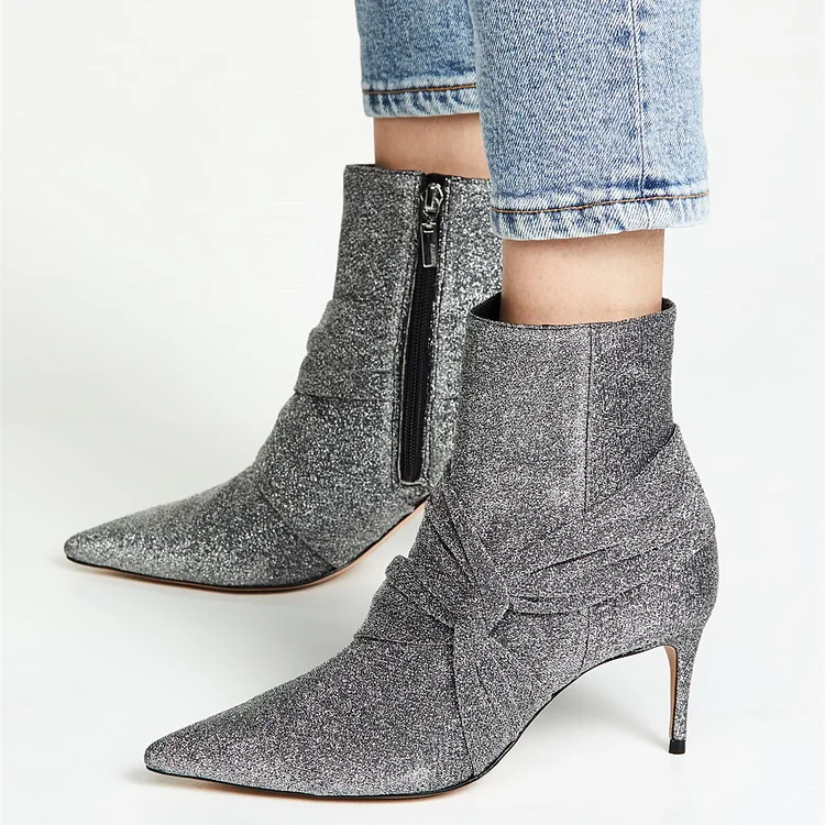 Grey Sparkly Pointy Toe Stiletto Boots Fashion Ankle Boots with Zip |FSJ Shoes