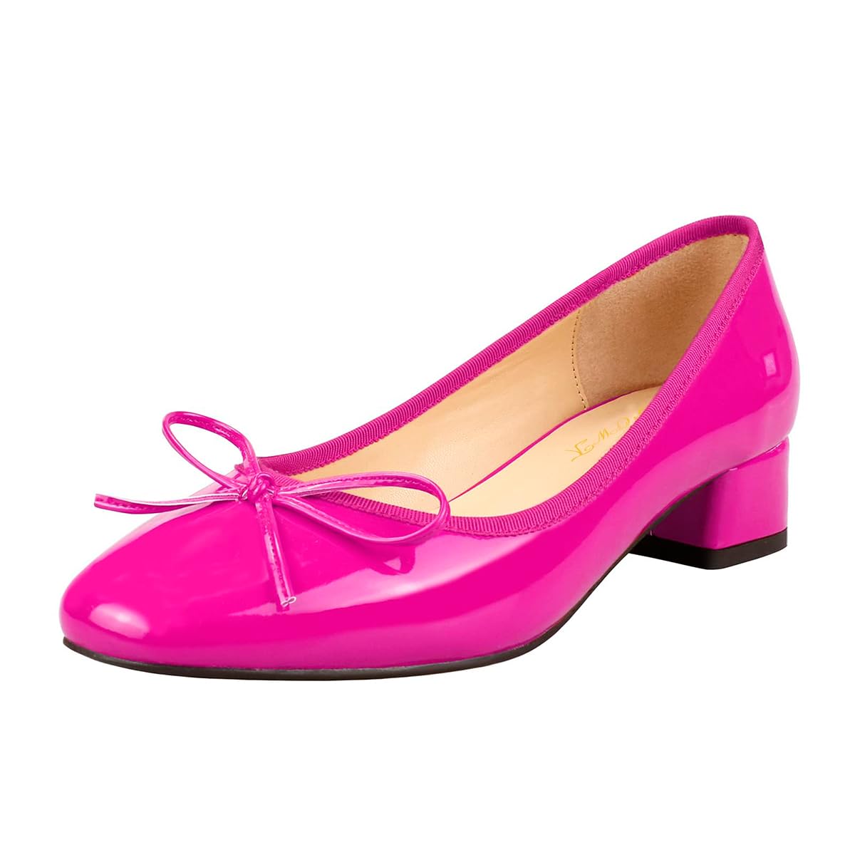 Fuchsia Patent Leather Round Toe Block Heel Pumps Shoes with Bow Decor Nicepairs
