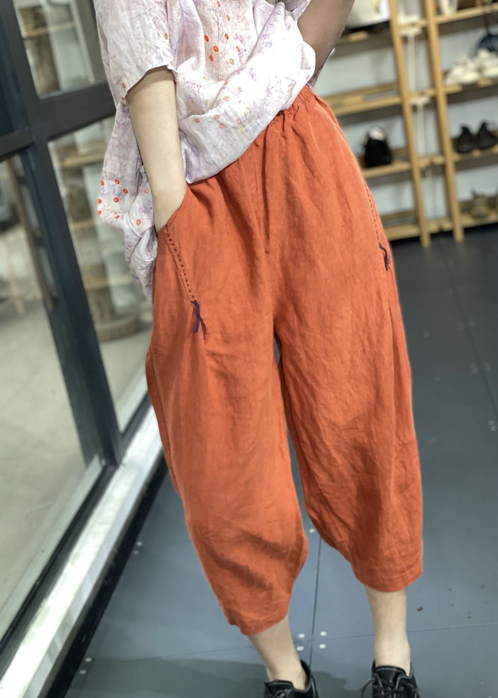 Handmade Orange Elastic Waist Oriental Jogging Fall Pants CK2142- Fabulory