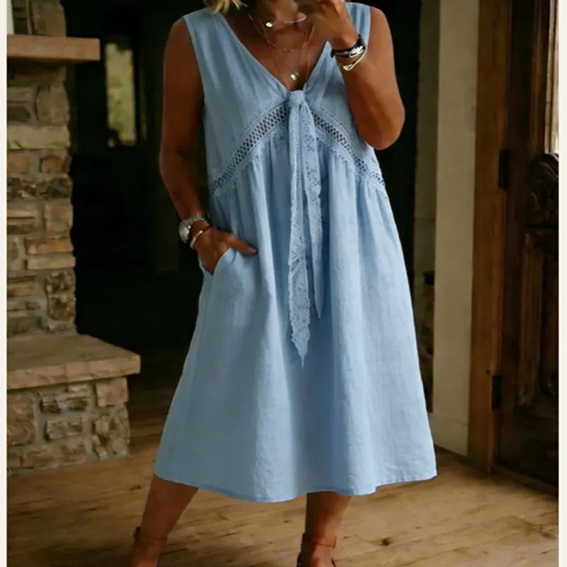 V-Neck Lace Splicing Sleeveless Loose A-Line Cotton Linen Midi Dress