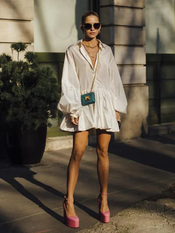 Buttoned Pleated Solid Color Split-Joint Long Sleeves Loose Lapel Shirt Dress Mini Dresses