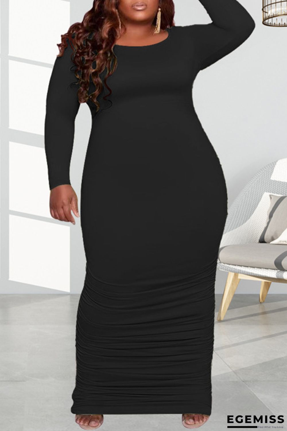 Black Fashion Casual Solid Patchwork Fold O Neck Long Sleeve Plus Size Dresses | EGEMISS