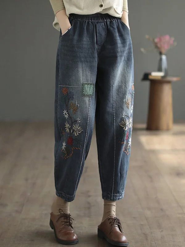 Vintage Loose Embroidered Elasticity Harem Jean Pants Bottoms