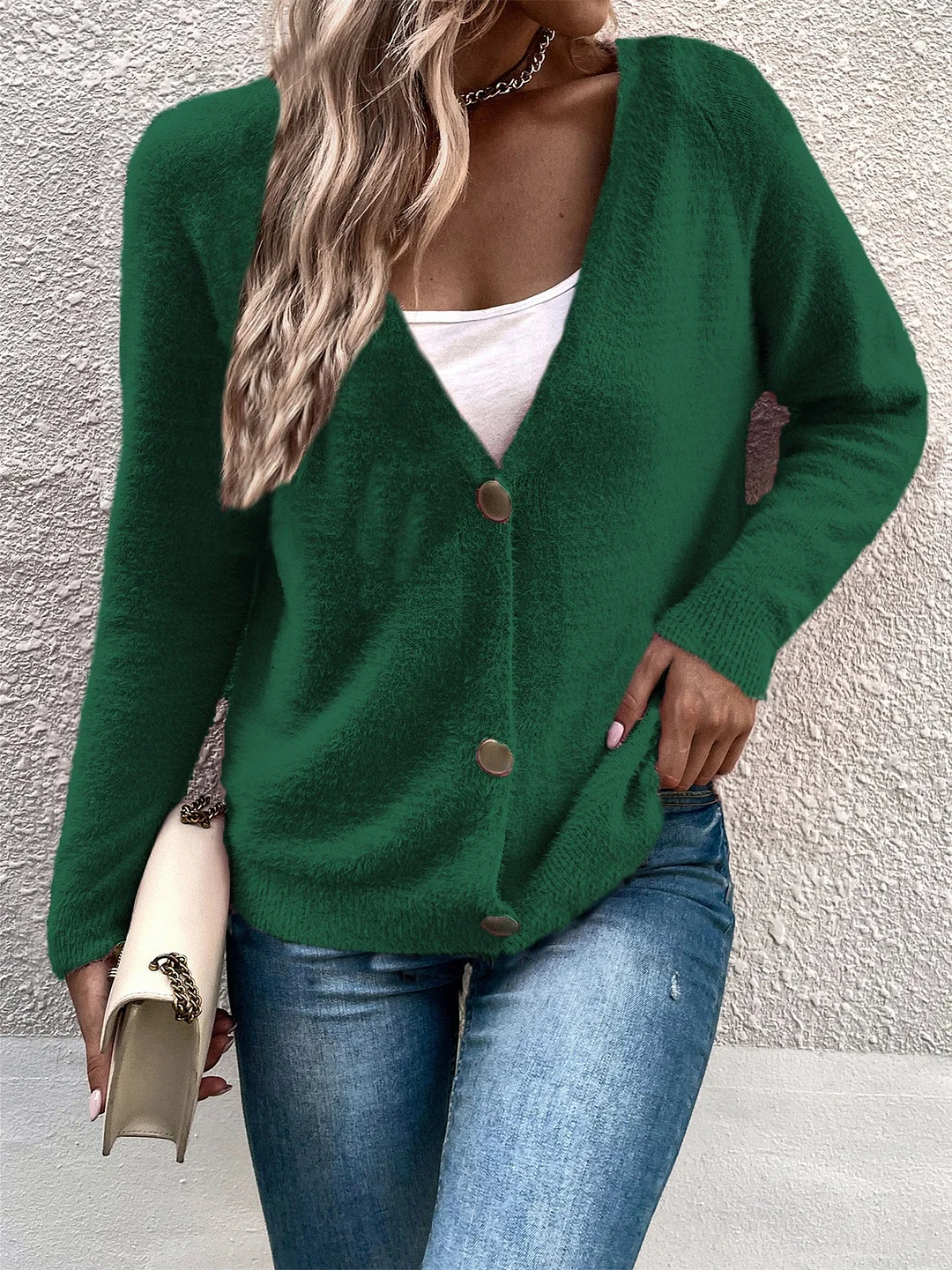 Women plus size clothing Women's Solid Color Buttons V-neck Long Sleeve Sweater Coat-Nordswear