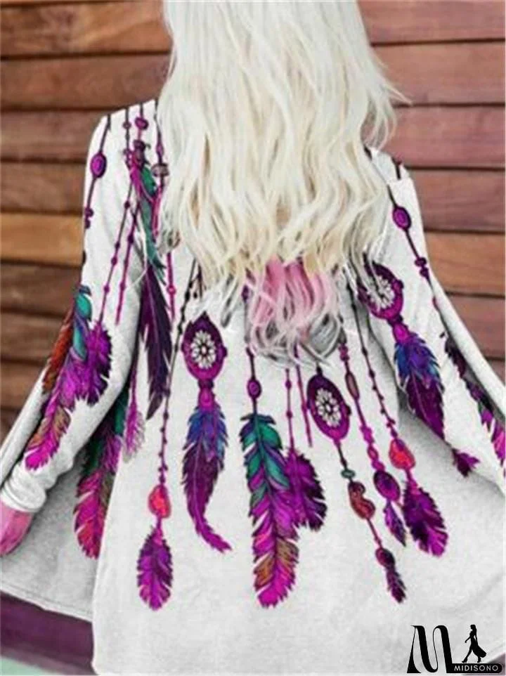 MidiSono - Casual Style Feather Floral Printed Long Sleeve Open Front Tops