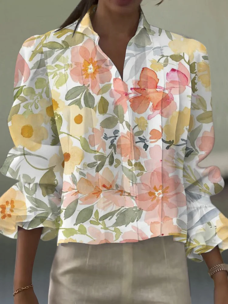 Women's Vintage Ink Art Flower Print Casual Short Sleeve Cotton And Linen Shirt