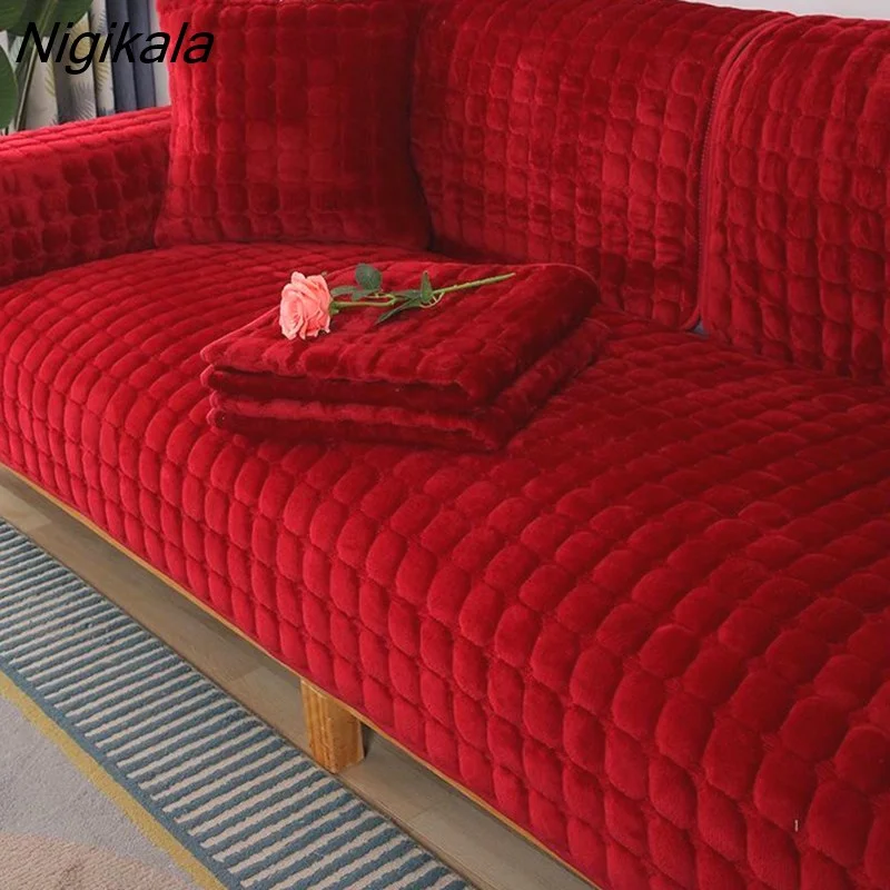 Nigikala Sofa Cover Cushion Plush Non-slip Thickened SlipCover Cushion Cover Universal Solid Color Dust-proof Sofa Seat Cover