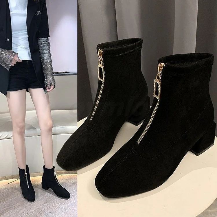 2020 Winter Women's Boots Fashion Suede Ankle Boots Woman Shoes Warm Zipper Ankle Boots Mid Heel Short Plush Boots Botas Mujer