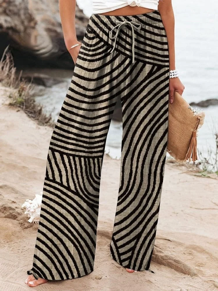 Women's Geometric Hand Drawn Circle Line Pattern Printed Cotton And Linen Casual Pants