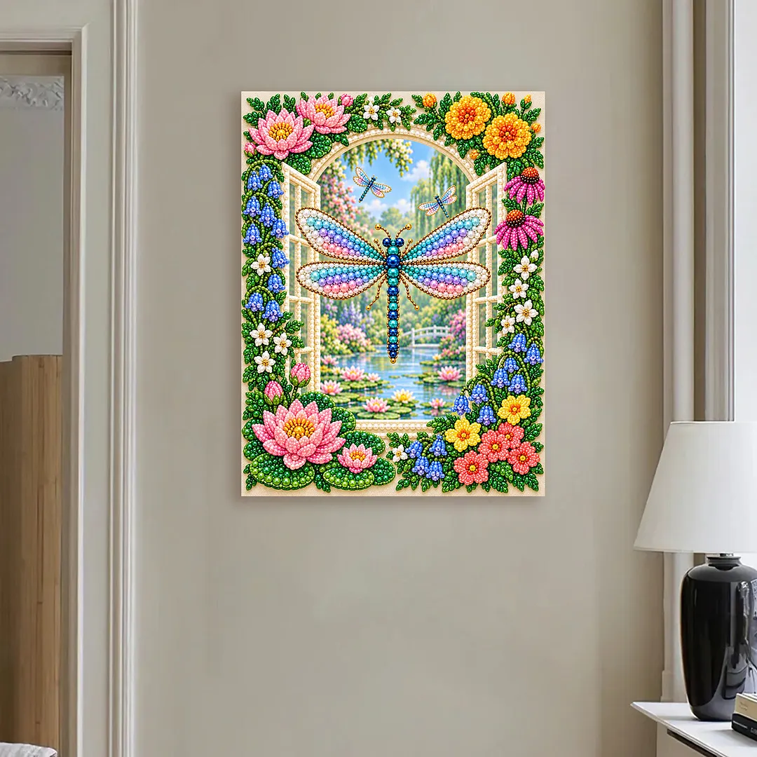 Framed Pearl Painting Kit Dragonfly Flowers 30x40cm