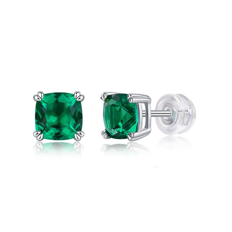 S925 Silver 6mm Cushion Cut Emerald Stud Earrings for Women Fine Jewelry Platinum Plated Lab Grown Emerald Earrings 