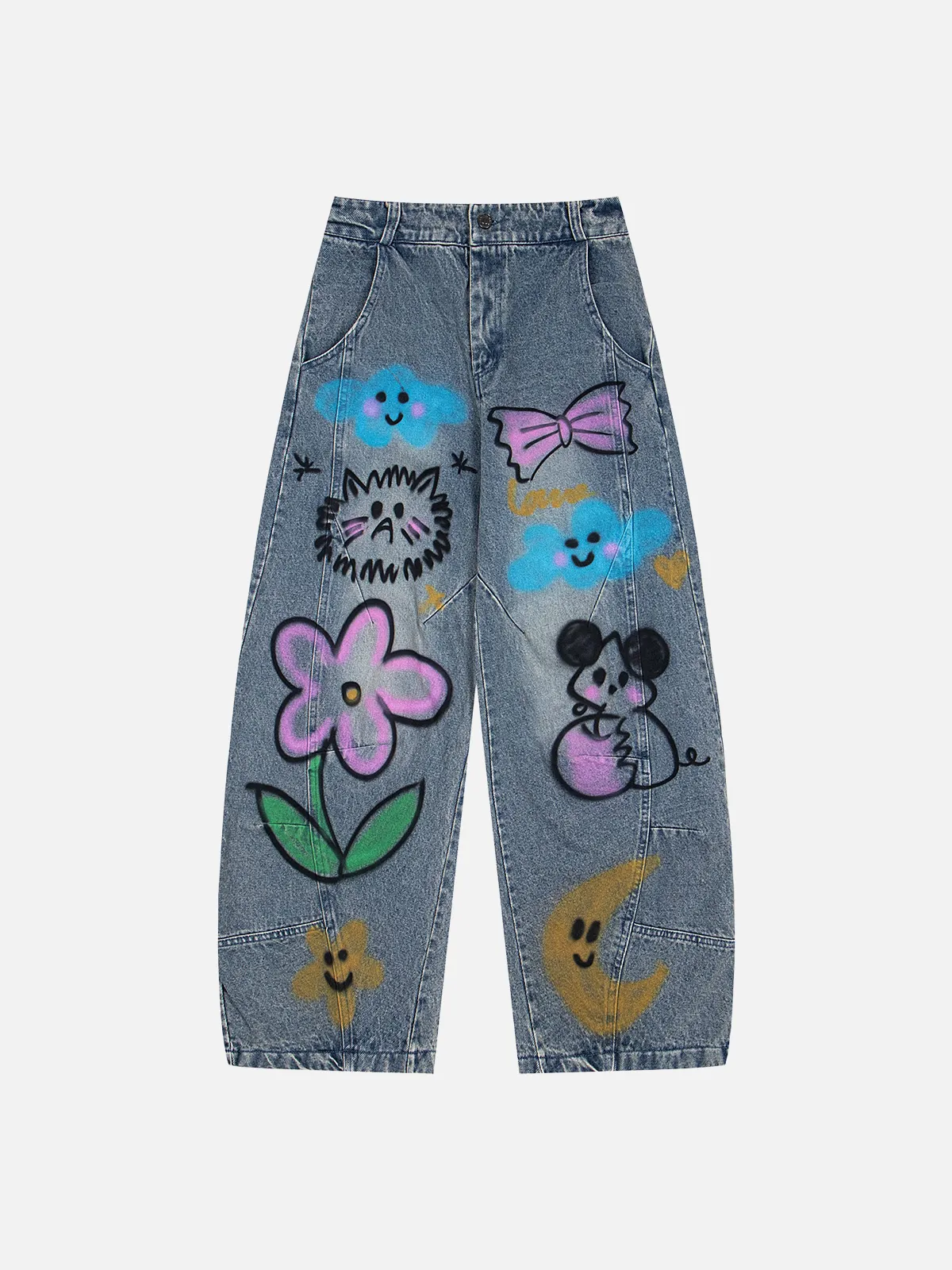 Blue Act Chic Cartoon Graffiti Washed Baggy Jeans Front