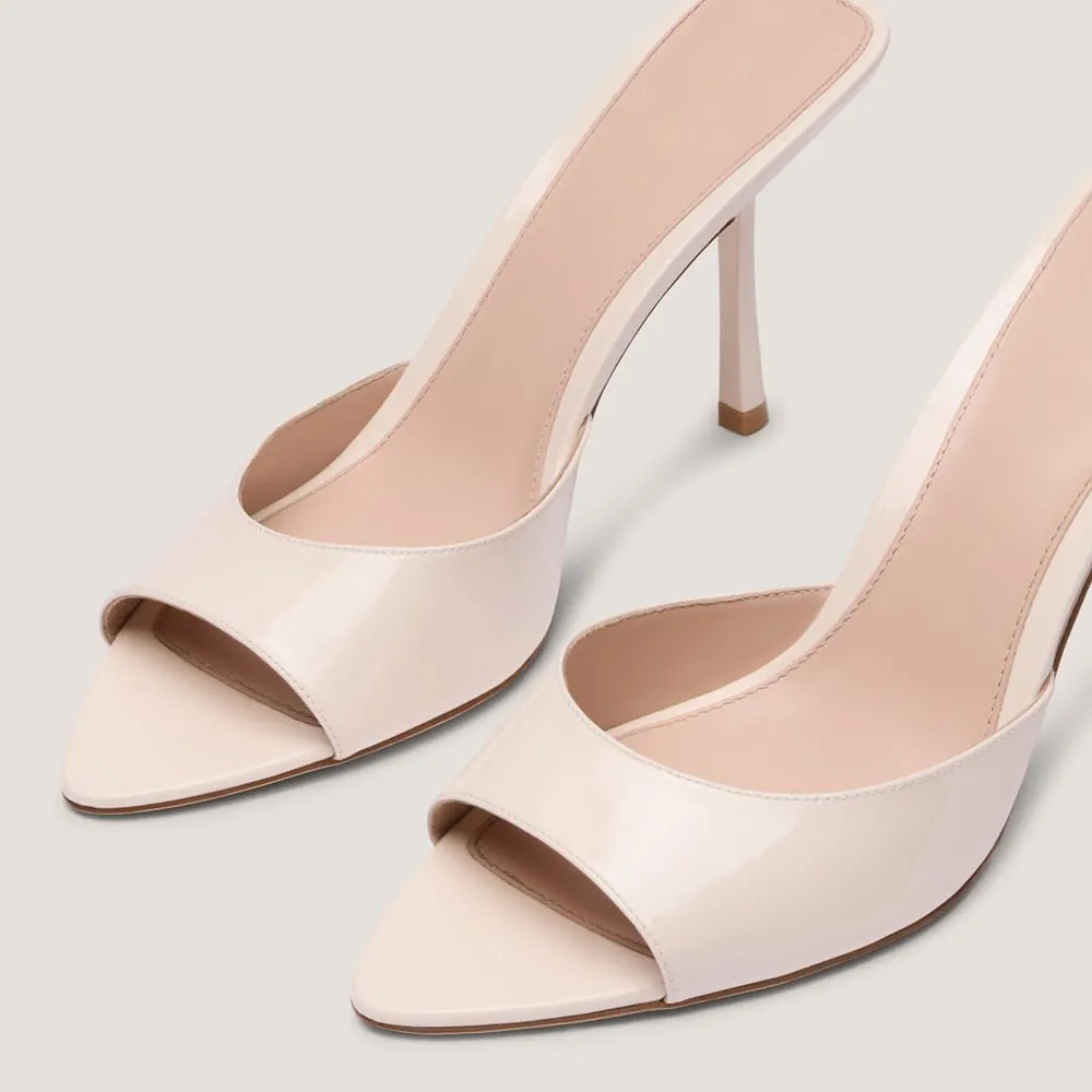Ivory Patent Leather Open Toe Stiletto Heel Slip On Sandals