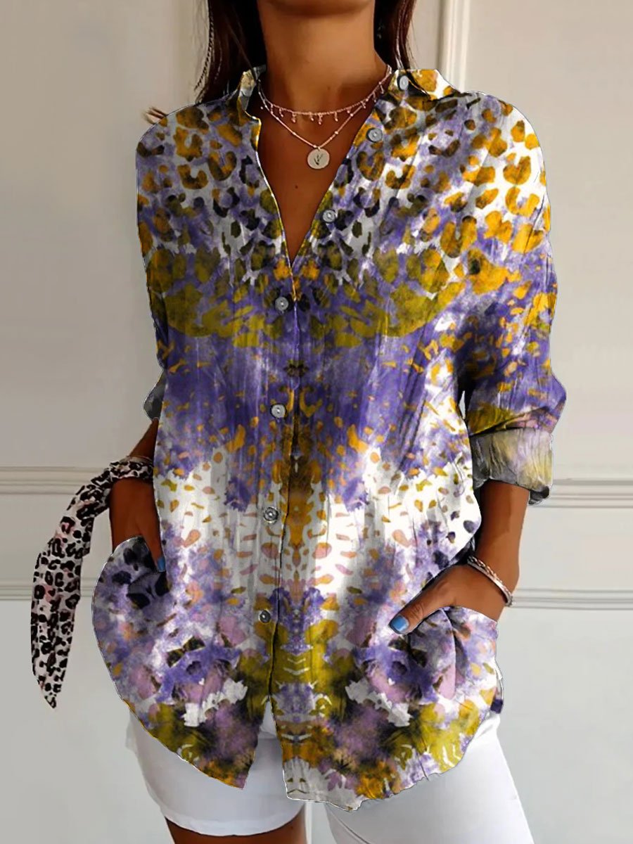 Women's Purple Gradient Leopard Art Print Casual Cotton Shirt