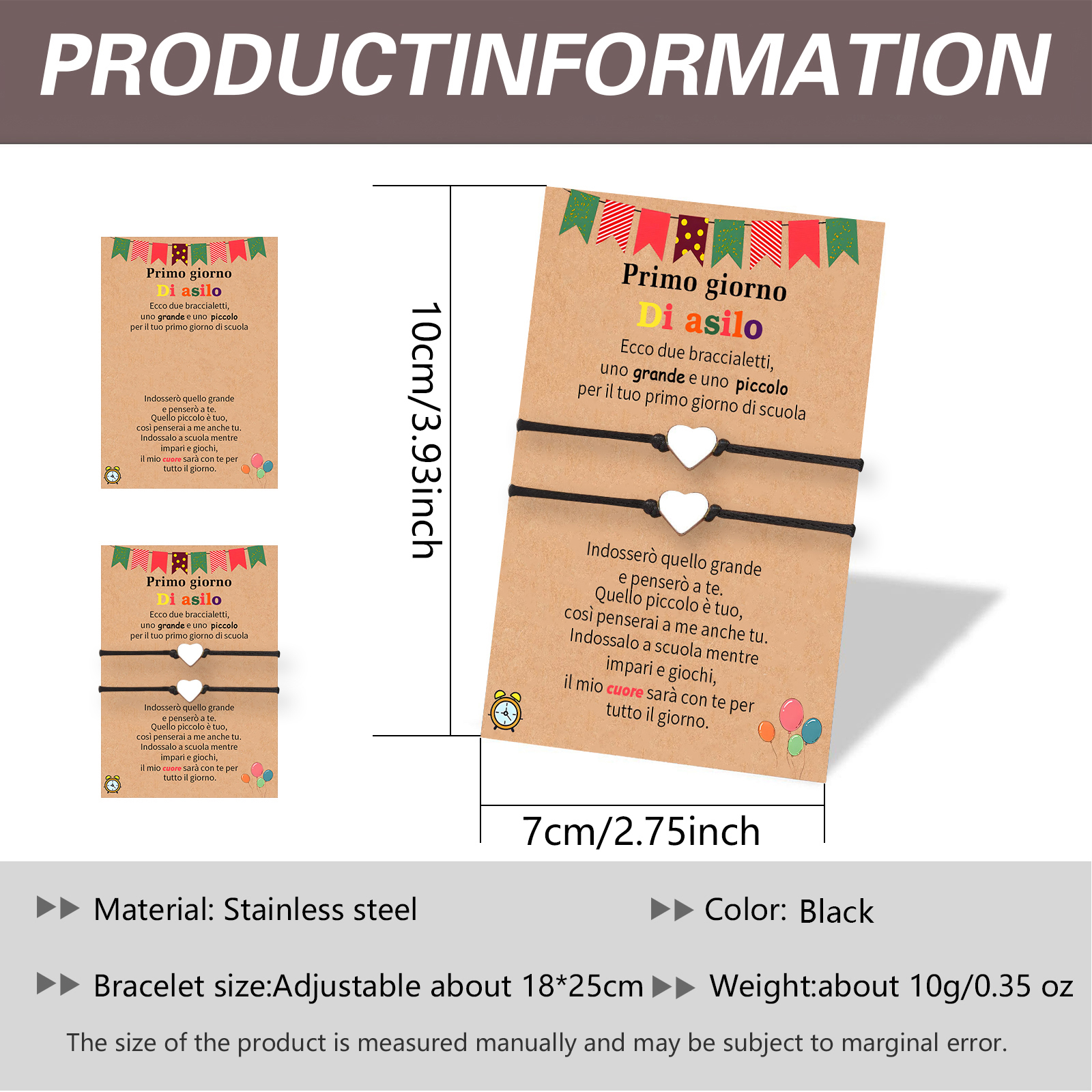 2PCS Braccialetto cuore regorabile regalo per bambina con carta