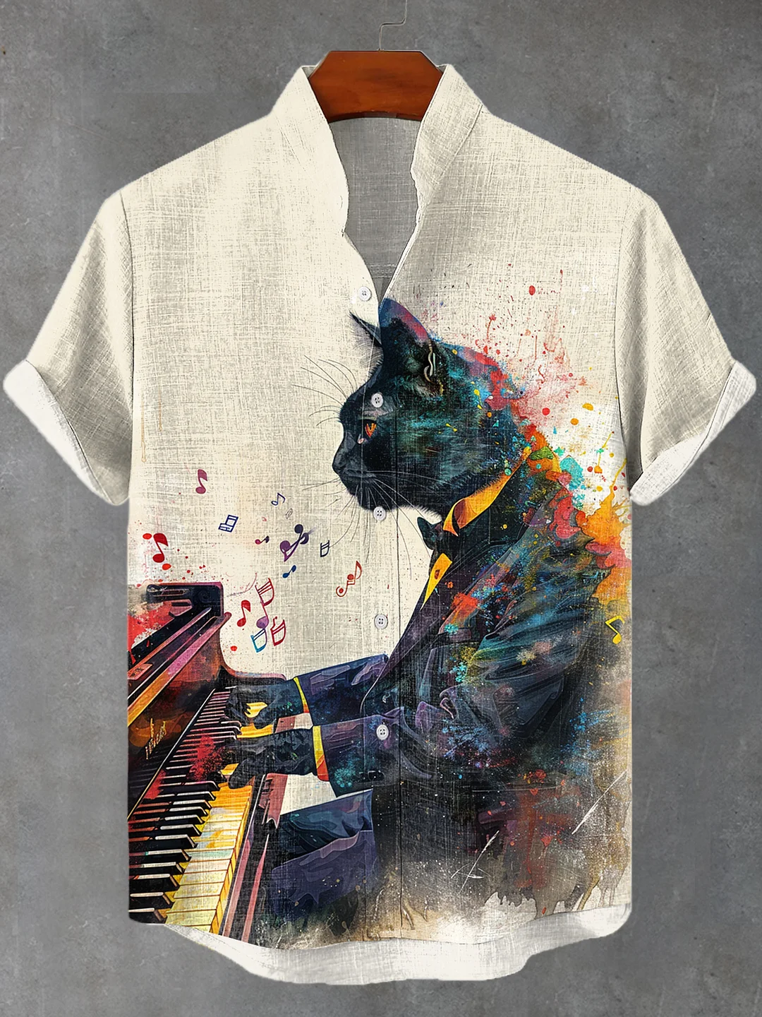 Men's Jazz Piano Tuxedo Cat Ink Painting Linen Blend Shirt