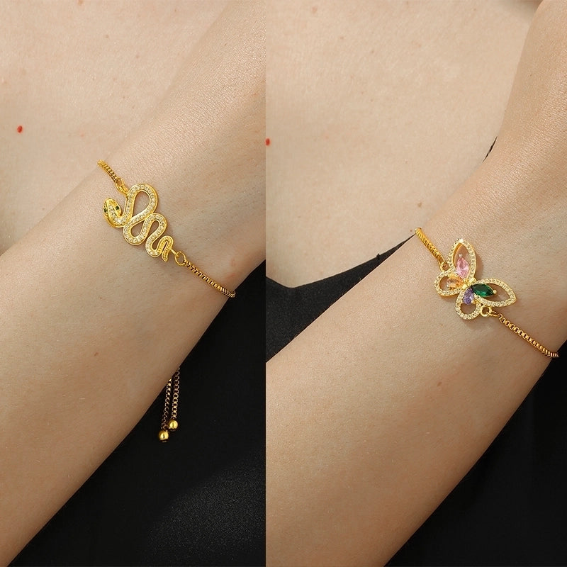 Elegant Minimalist Snake Butterfly Copper Plating Hollow Out Inlay Zircon 18k Gold Plated Bracelets