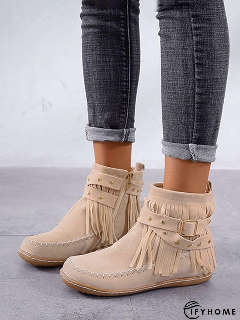 Vintage Fringe Studded Flat Round Toe Buckle Booties | IFYHOME