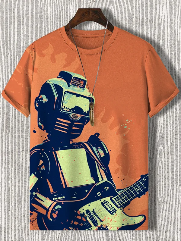 Men's Rock Robot Playing Guitar Art Print Casual T-Shirt