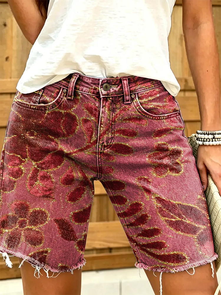 Women's Glitter Floral Leaf Print Frayed Hem Denim Bermuda Shorts