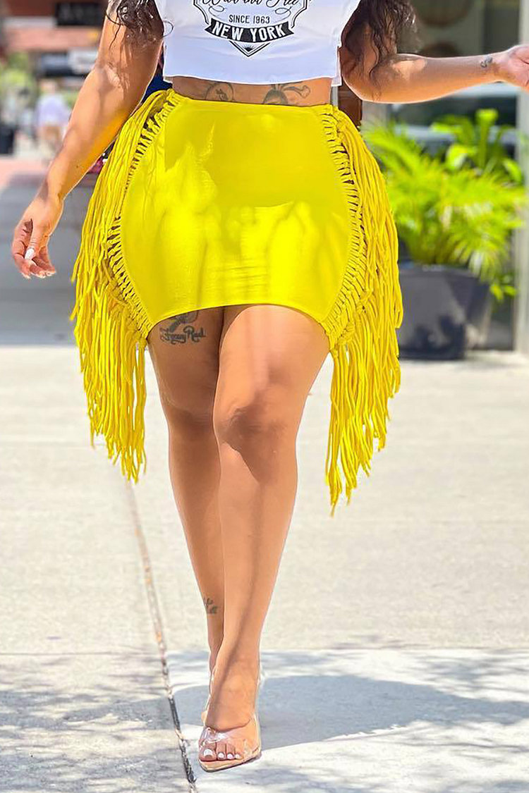 Knit Solid Color Bodycon Fringed Mini Skirt-Yellow