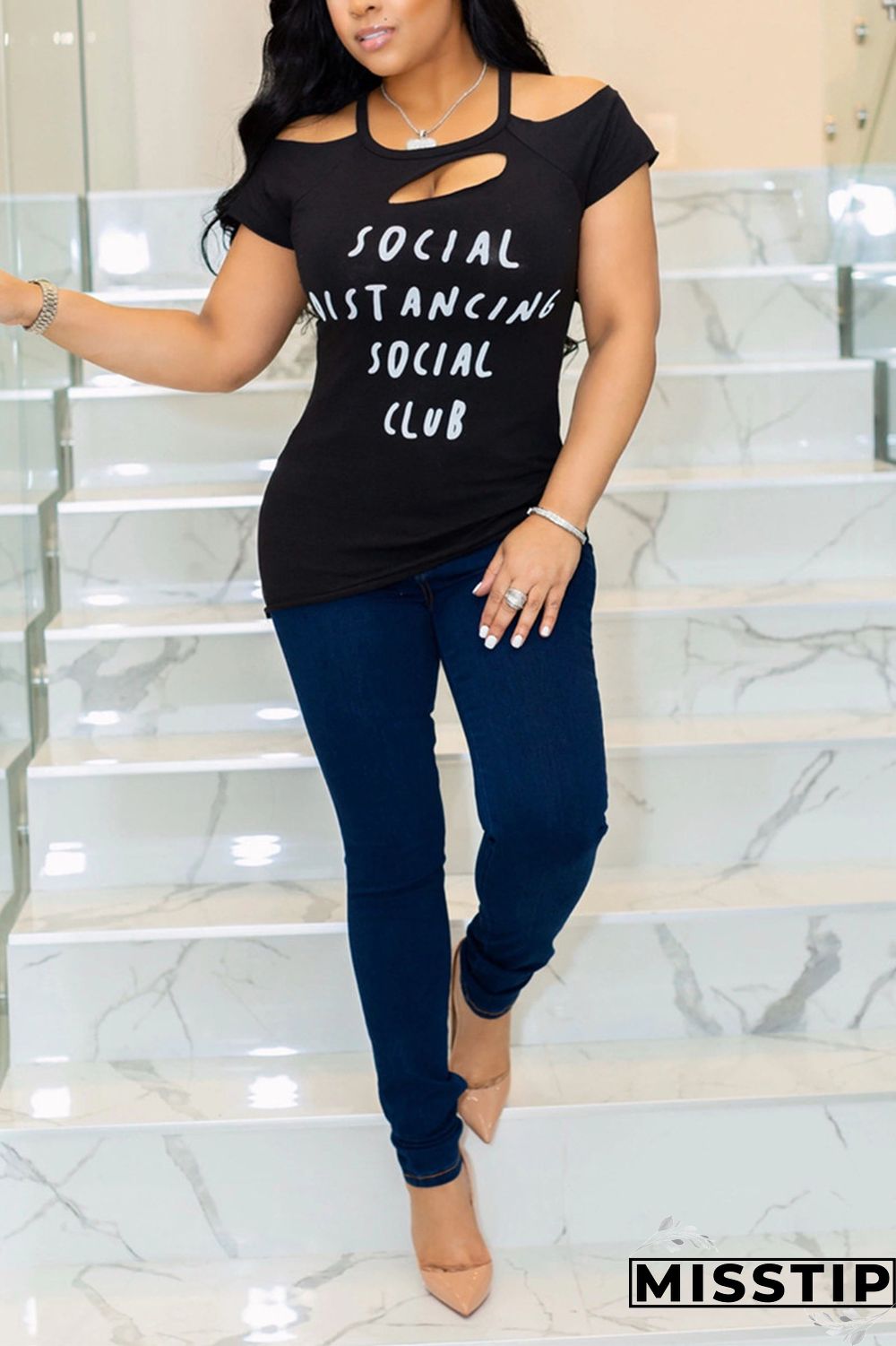 BlackWhite Fashion Casual Printed Short-sleeved T-shirt