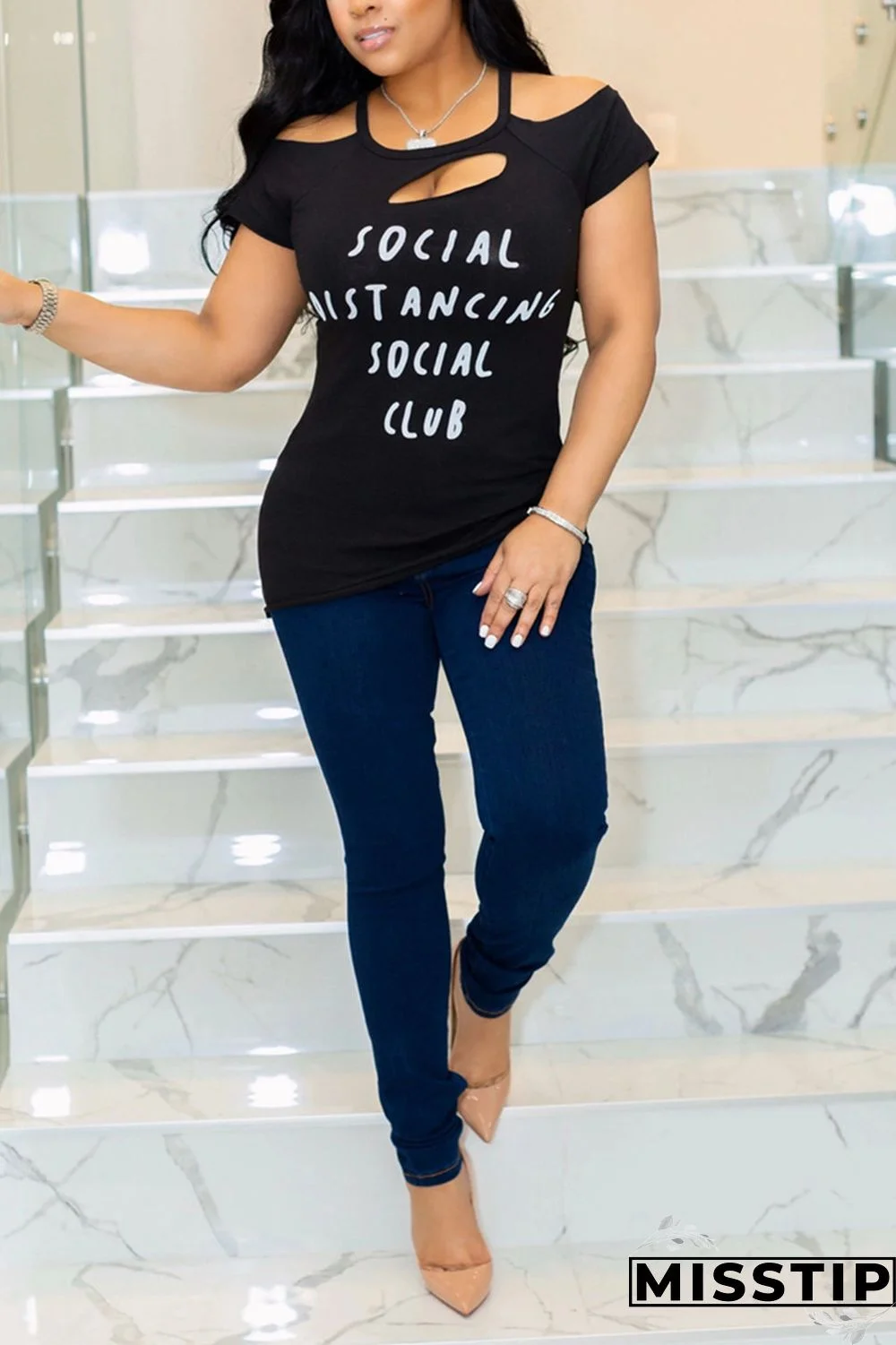 BlackWhite Fashion Casual Printed Short-sleeved T-shirt