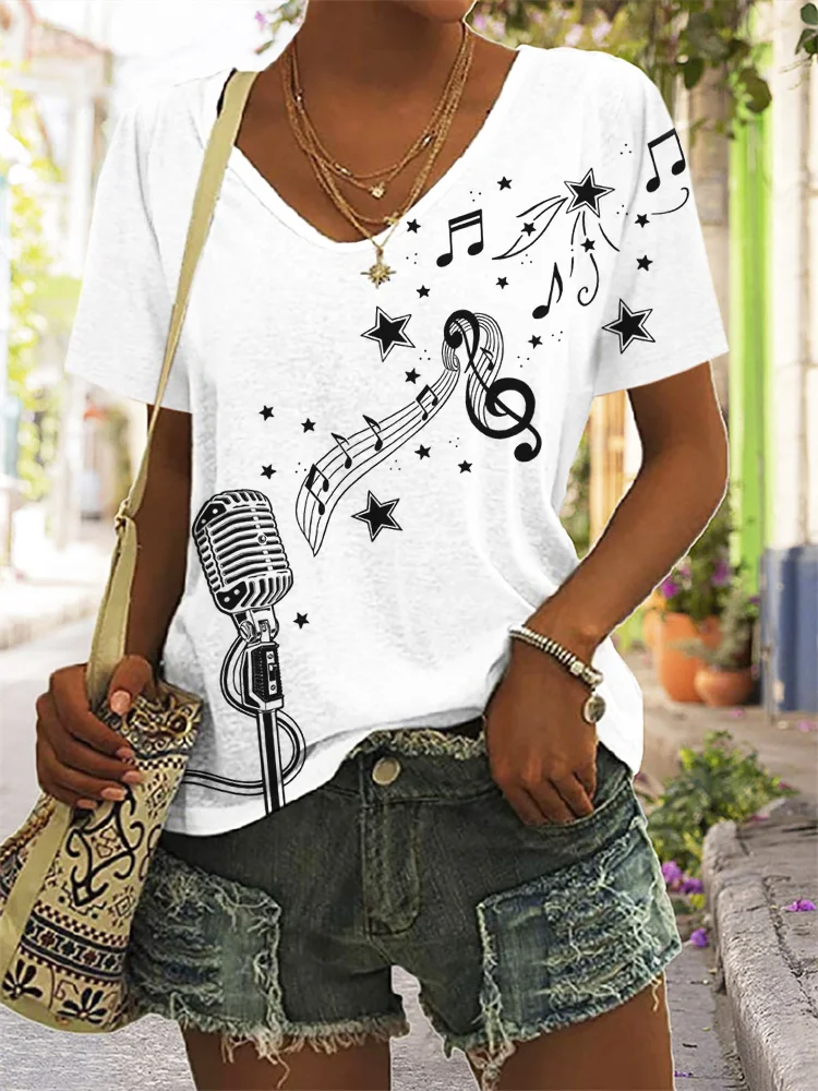 VChics Microphone And Music Notes V Neck T Shirt