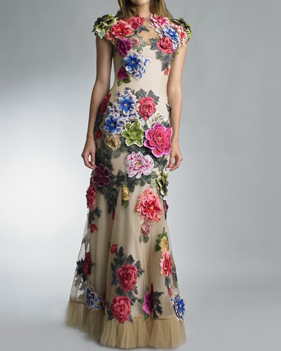 Gown three-dimensional floral mesh maxi dress