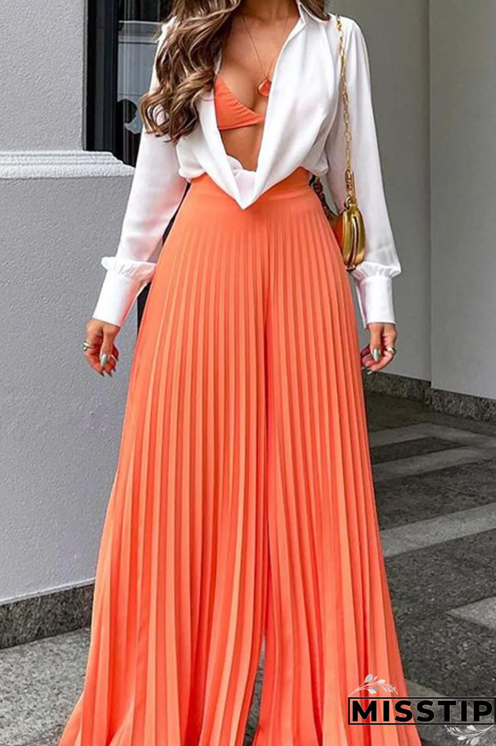 Black Orange Street Solid Fold Loose High Waist Wide Leg Solid Color Bottoms